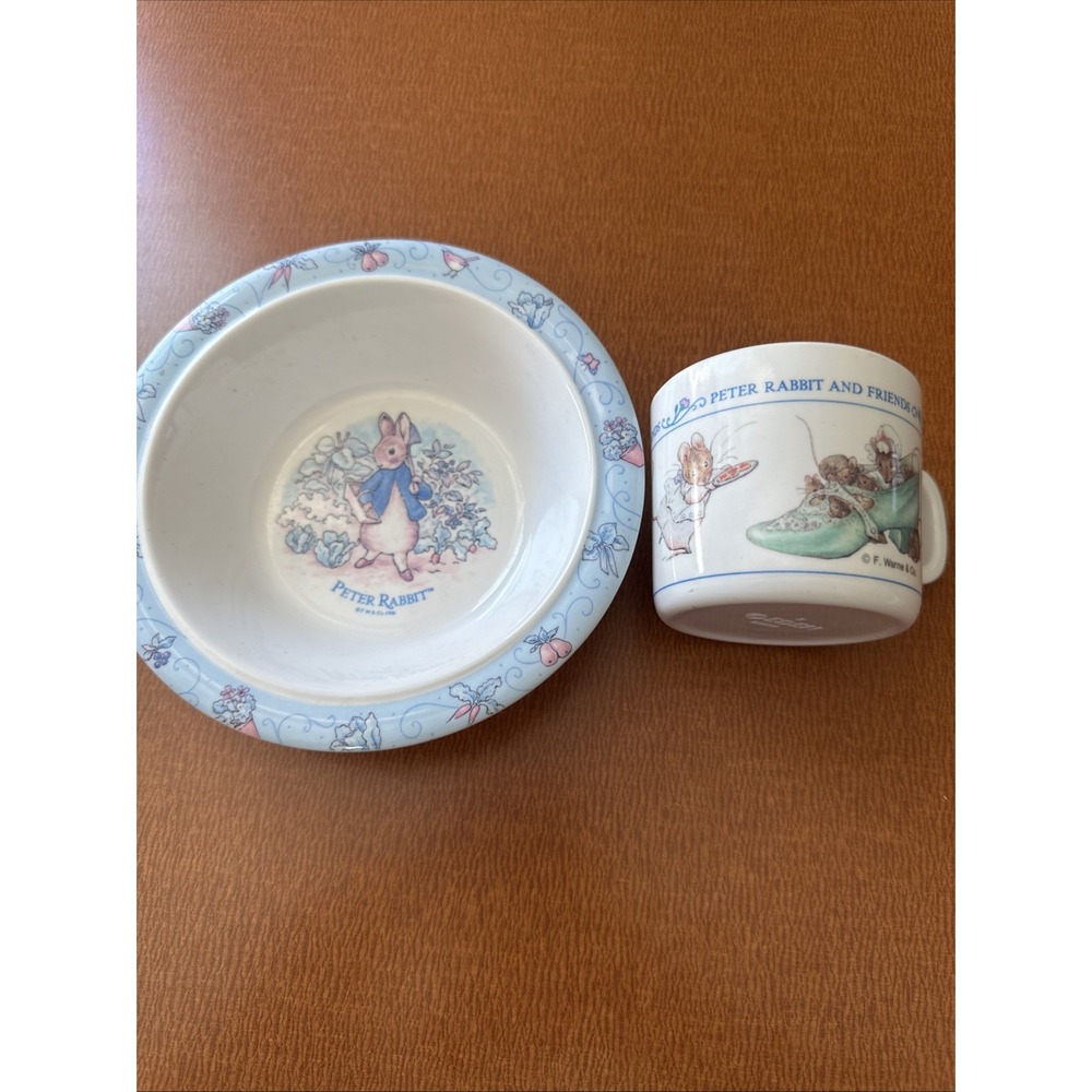 2- 1996 EDEN Peter Rabbit‎ 6.5" Round Melamine Kids/Baby Plastic Bowl And Cup